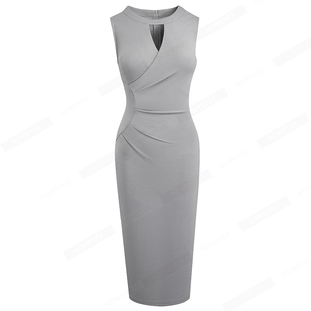 Women Brief Elegant Pure Color Hollow out Round Neck Sleeveless Lady Slim Office Pencil Dress EB659 alx