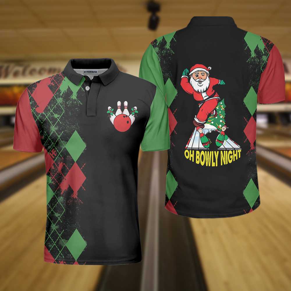 Bowly Night Polo Shirt, Christmas Themed Polo Shirt Design, Best Christmas Gift Idea For Bowling Lovers Coolspod