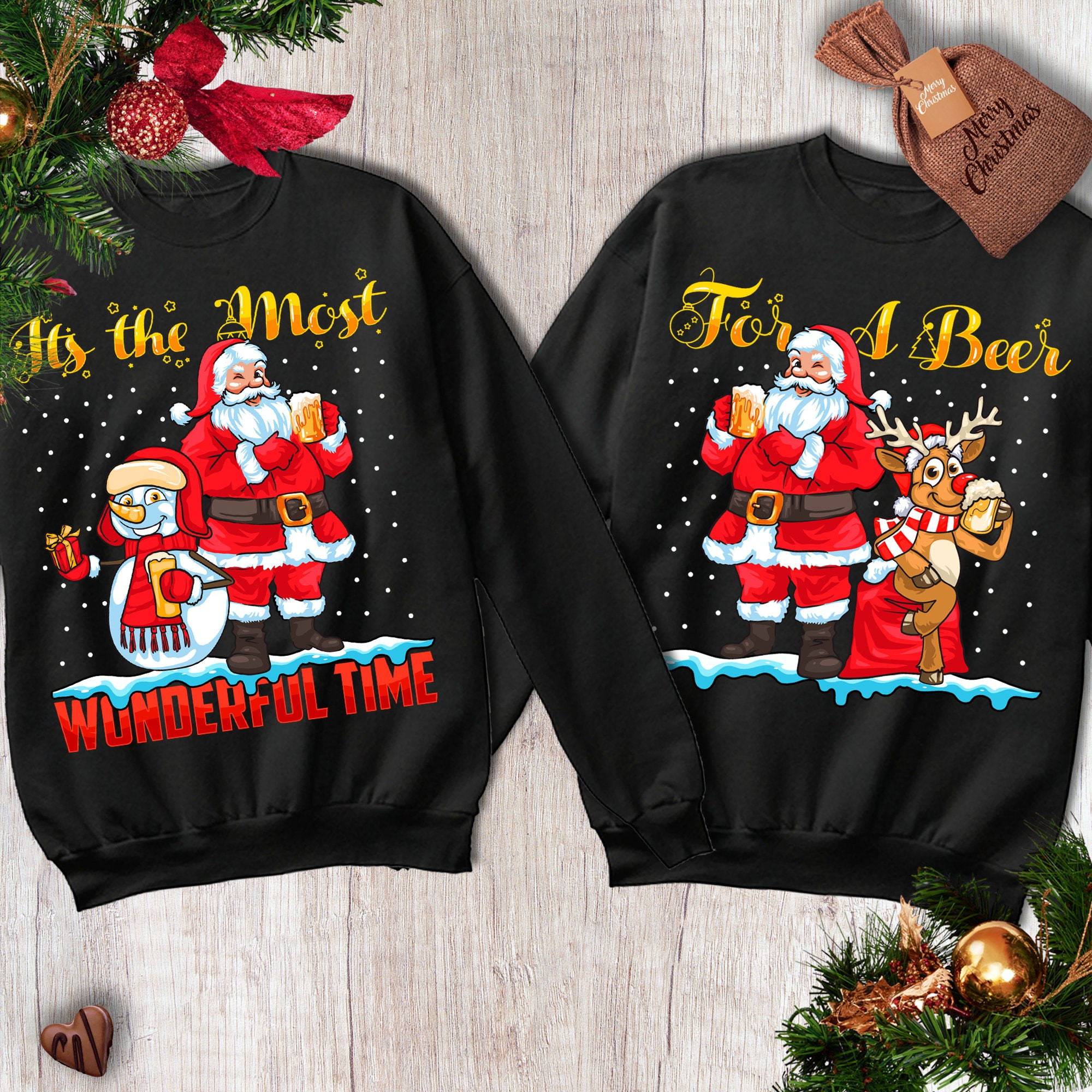 Couple Shirts Merry Christmas Its The Most Wonderful Time For A Beer Santa Claus Matching Couple, Valentine Gifts, Christmas Gift Graphic Unisex T Shirt, Sweatshirt, Hoodie Size S – 5Xl