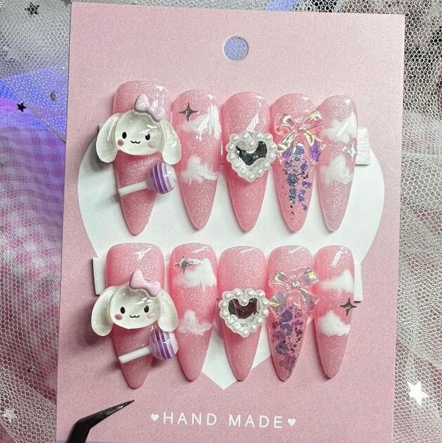 Pink Puppy Press On Nails/ Cute Pink Glitter bow Press On Nails Cute Nails Melody Nails Gel Nails Y2K Kawaii Japanese Princess nail #159