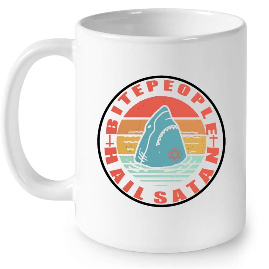 Bite People Hail Satan Shark Retro Vintage – Full-Wrap Coffee White Mug