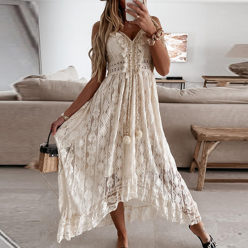 2022 Summer Elegant Tassel V Neck Women Long Dress Fashion Sleeveless Strap Party Dress Sexy Hollow Out Crochet Lace Beach Dress alx