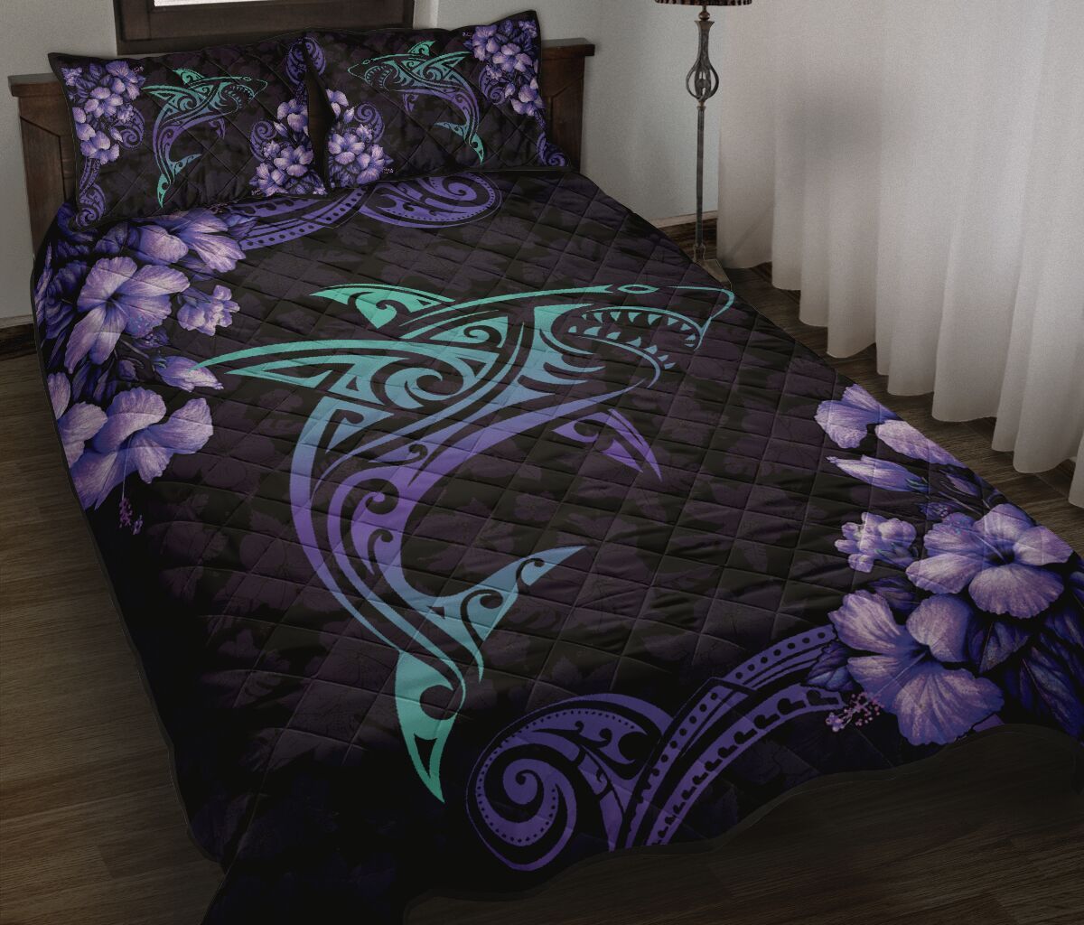 Alohawaii Home Set – Hawaii Shark Polynesian Hibiscus Quilt Bed Set – Purple Style – Ah Jw