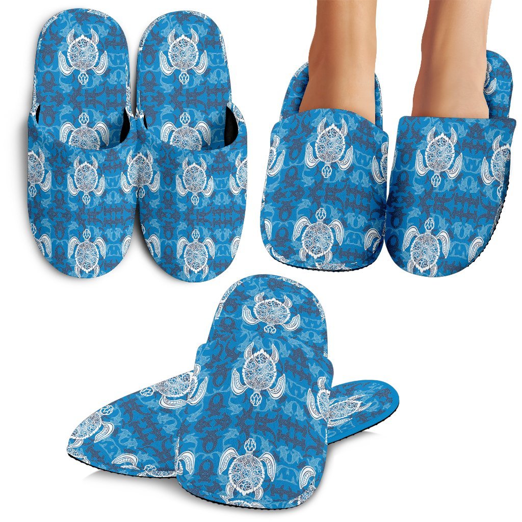 Blue Hawaii Shark Sea Turtle Pattern Print Premium Home Slippers Ha102359