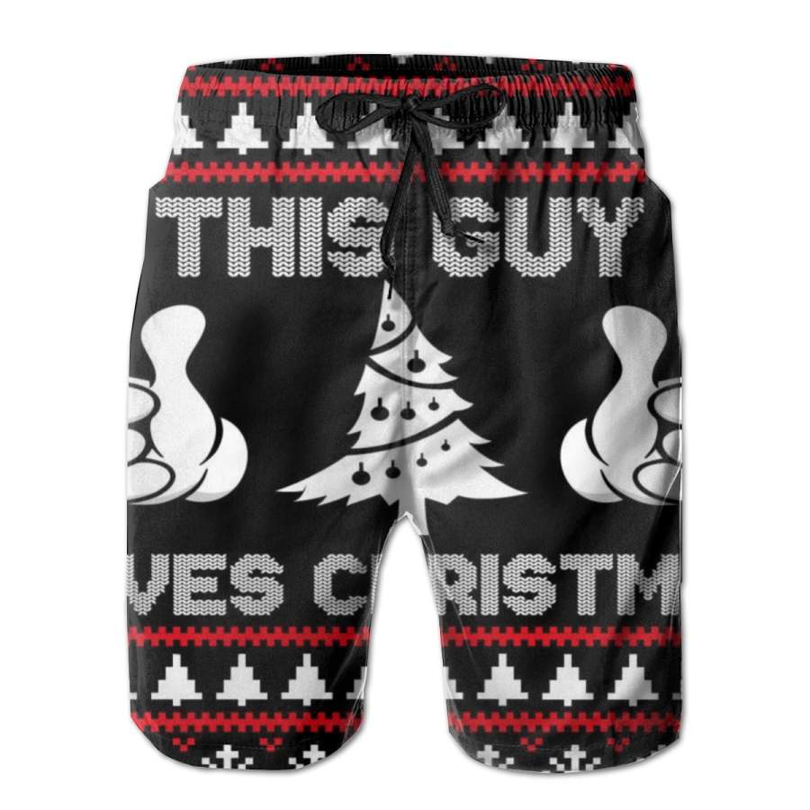 2 Pack This Guy Loves Christmas Ugly Christmas Sweater Poster Men Swim Trunks Drawstring Elastic Waist Quick Dry Beach Shorts with Mesh Lining Swimwear Bathing Suits