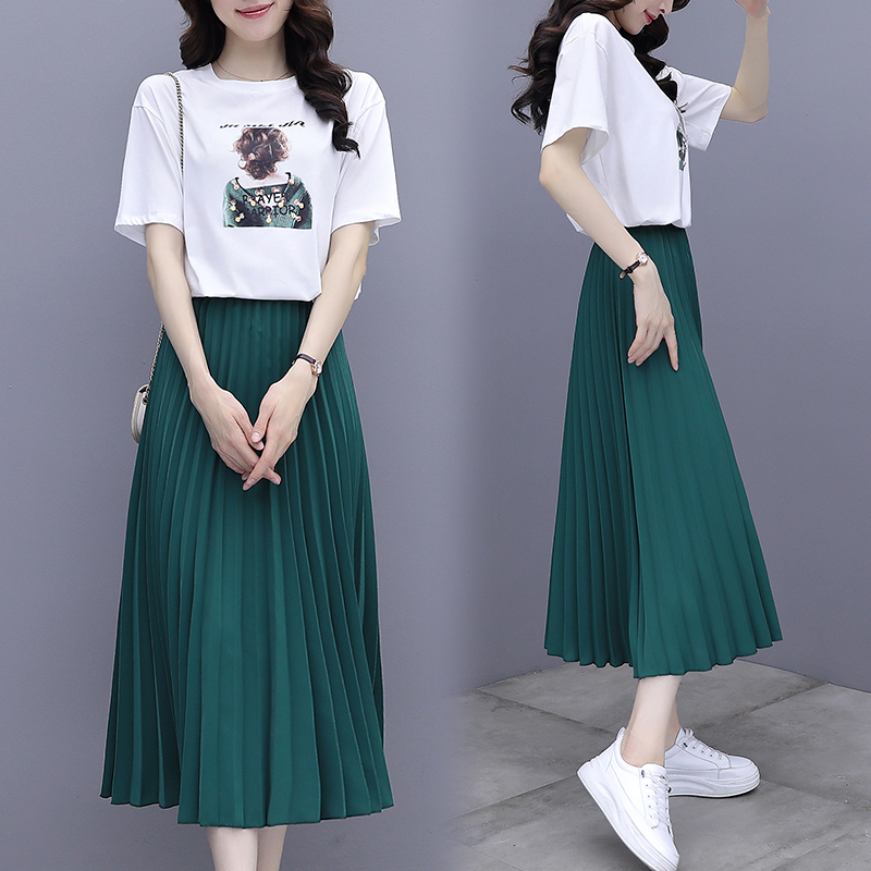 Summer Skirt Suit Women cotton Short sleeve dress Pleated Long skirt T-shirt Pullover Tops Fashion 2 Piece Sets 2021 alx