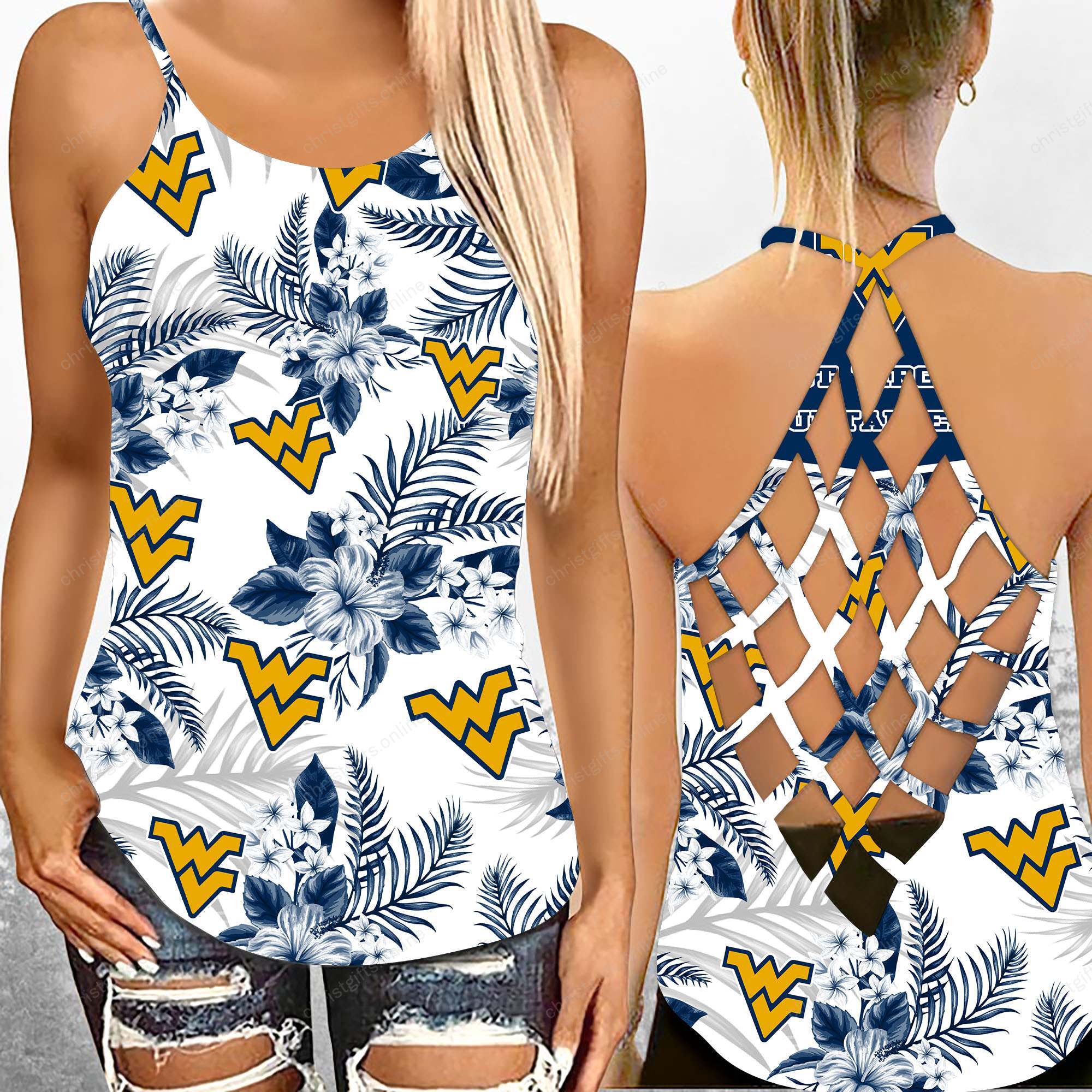 West Virginia Mountaineers NCAA2-Criss Cross Tanktop Hawaii Style Ds1