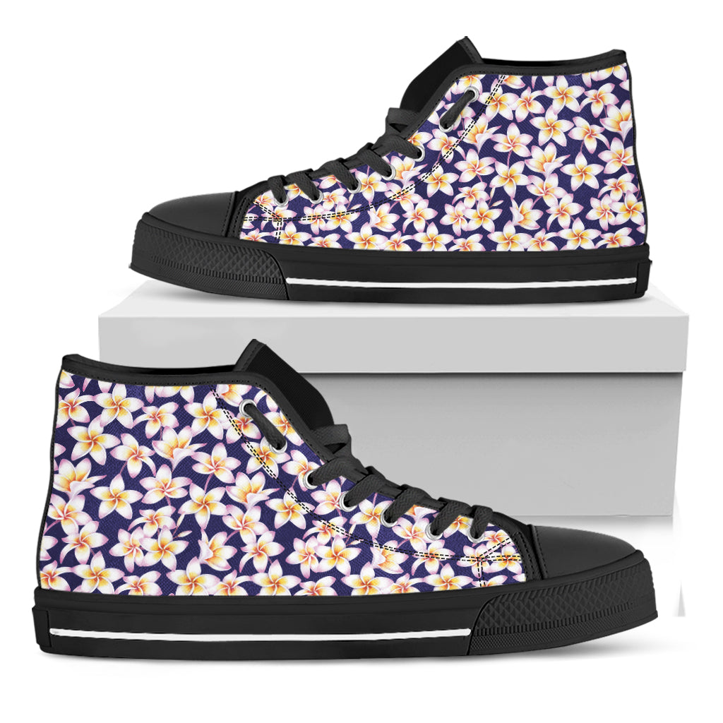 Watercolor Frangipani Flower Print Black High Top Shoes