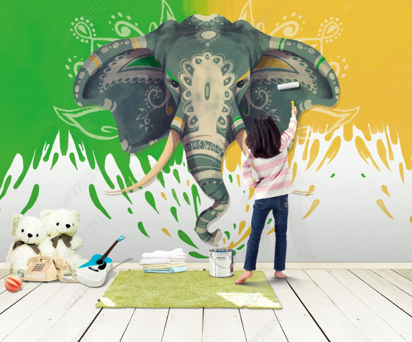 3D Hand Drawn Colored Animal Elephant Wall Mural Wallpaper Lqh 6