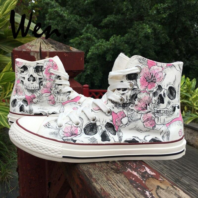 Sketch Skulls Pink Flowers Floral Unisex Adult Canvas Sneakers Hand ...