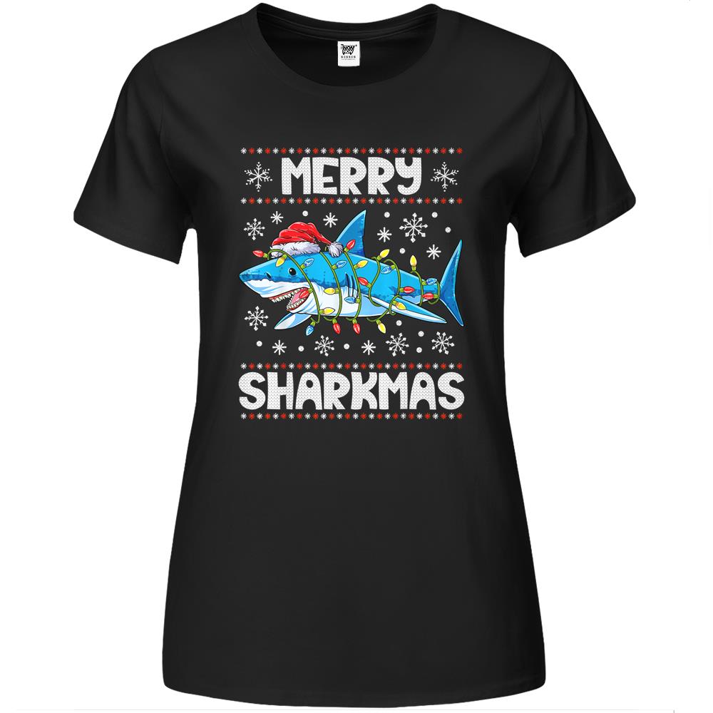 Merry Sharkmas Shark Santa Ugly Christmas Lights Boys Xmas Premium Womens T-Shirt