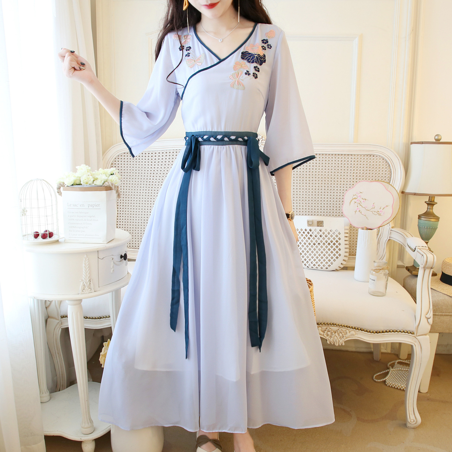 2020 New Spring Fashion Women Dress Hanfu Dresses Chinese Style Embroidered Dress Summer Dress alx