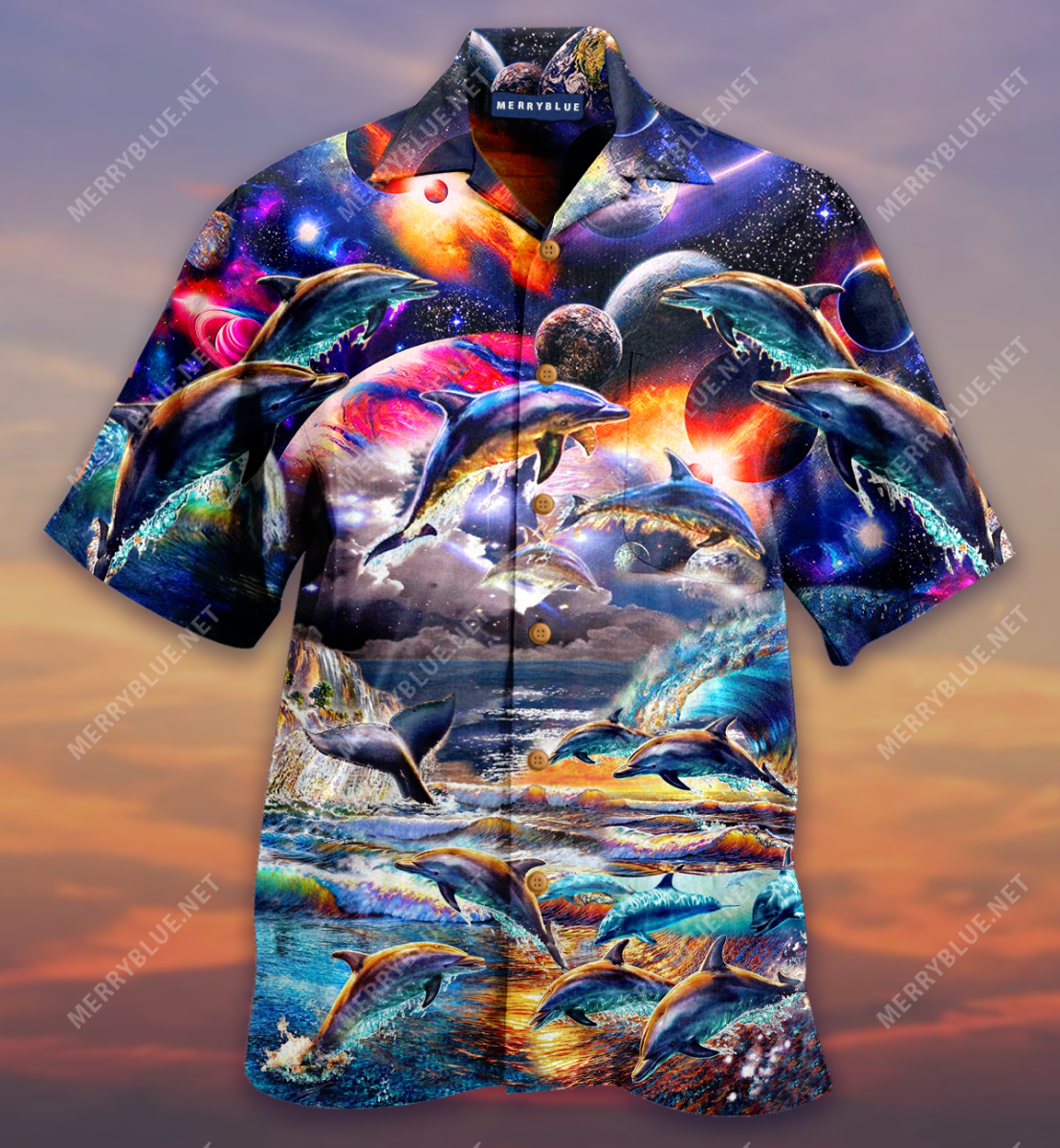 Dolphin Into The Galaxy Unisex Hawaiian Shirt