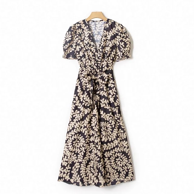 Women Leaf Print Puff Sleeve Dresses 2022 Summer V-neck Lace-up Vintage Female Mid-calf Robes alx