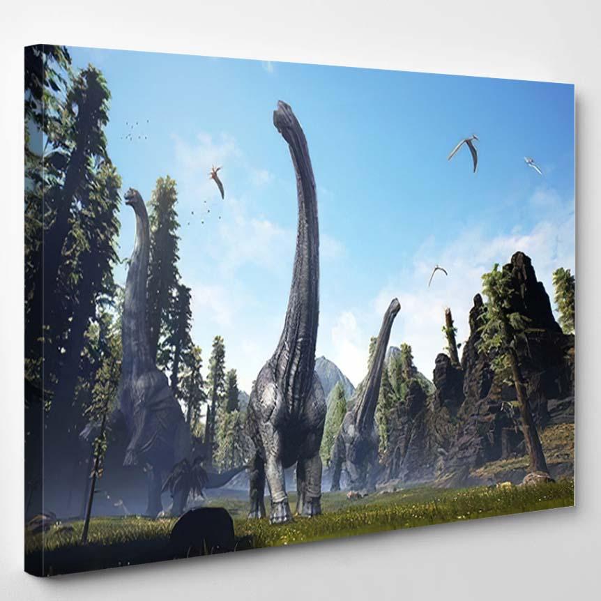 3D Rendering Three Alamosaurus Moving Herd – Dinosaur Animals Canvas Print