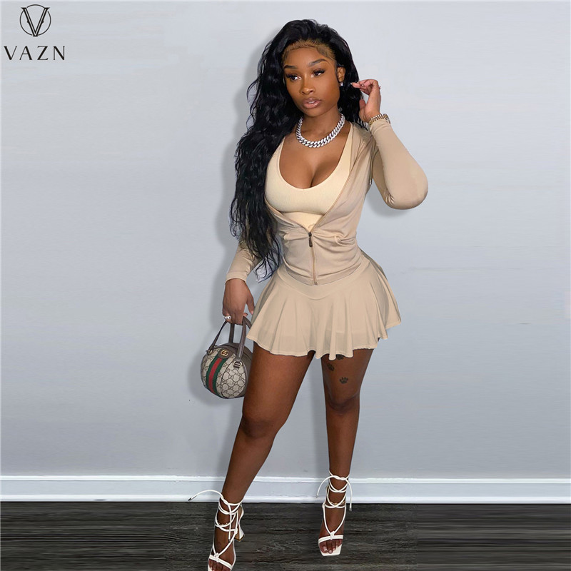 VAZN 2022 INS Solid Sweet High-end Office Lady Young Full Sleeve Open Stitch + High Waist PIeated Skirts Women 3 Piece Set alx