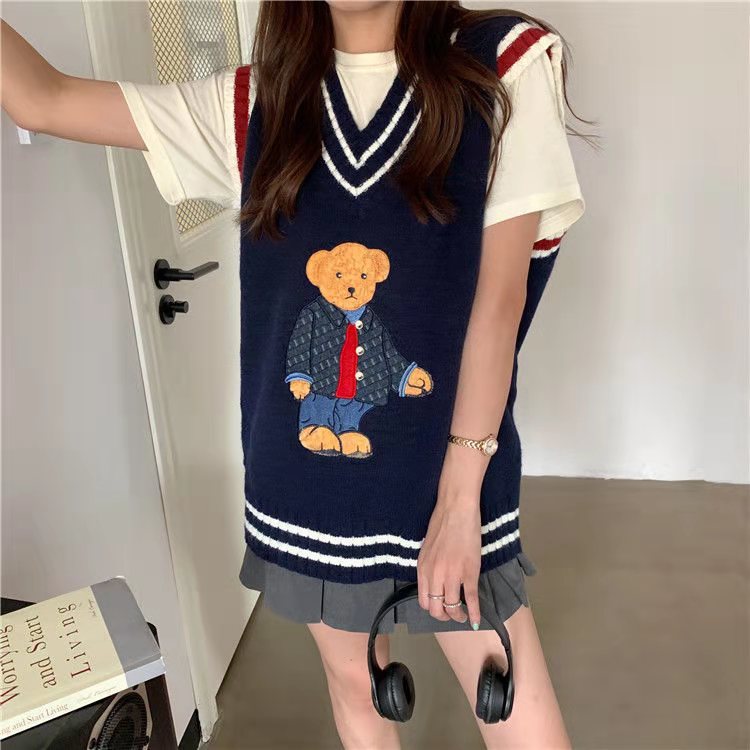 2023 Autumn Winter Women’s Vest Japanese Style Cartoon Bear Pullover Vest Sweater Oversize Harajuku Kawaii Clothes Knitted Vest alx