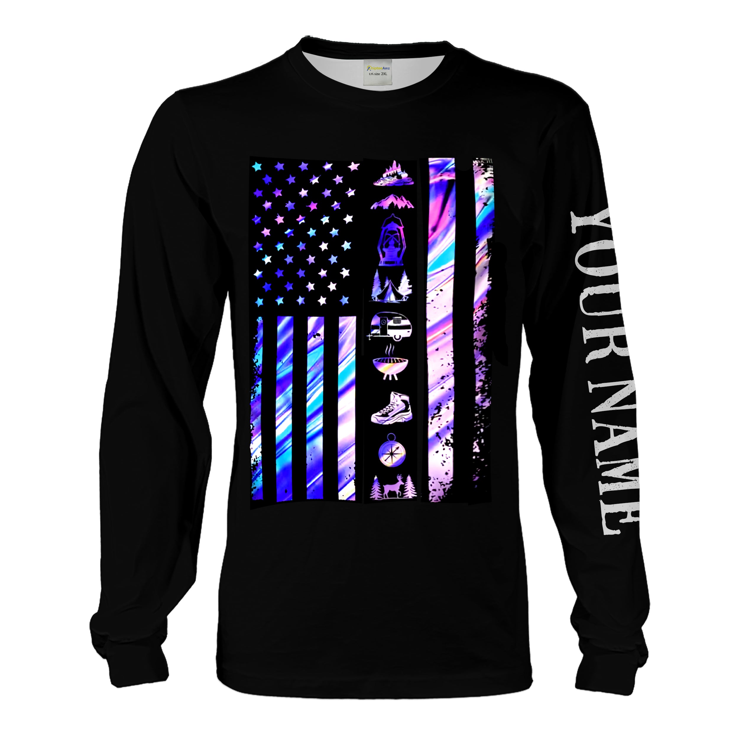 American Flag Camping All over print Shirts – Custom name Hoodie, Long Sleeve, T-Shirt, Sweatshirt for Men Women Kid Chipteeamz – NLXS274