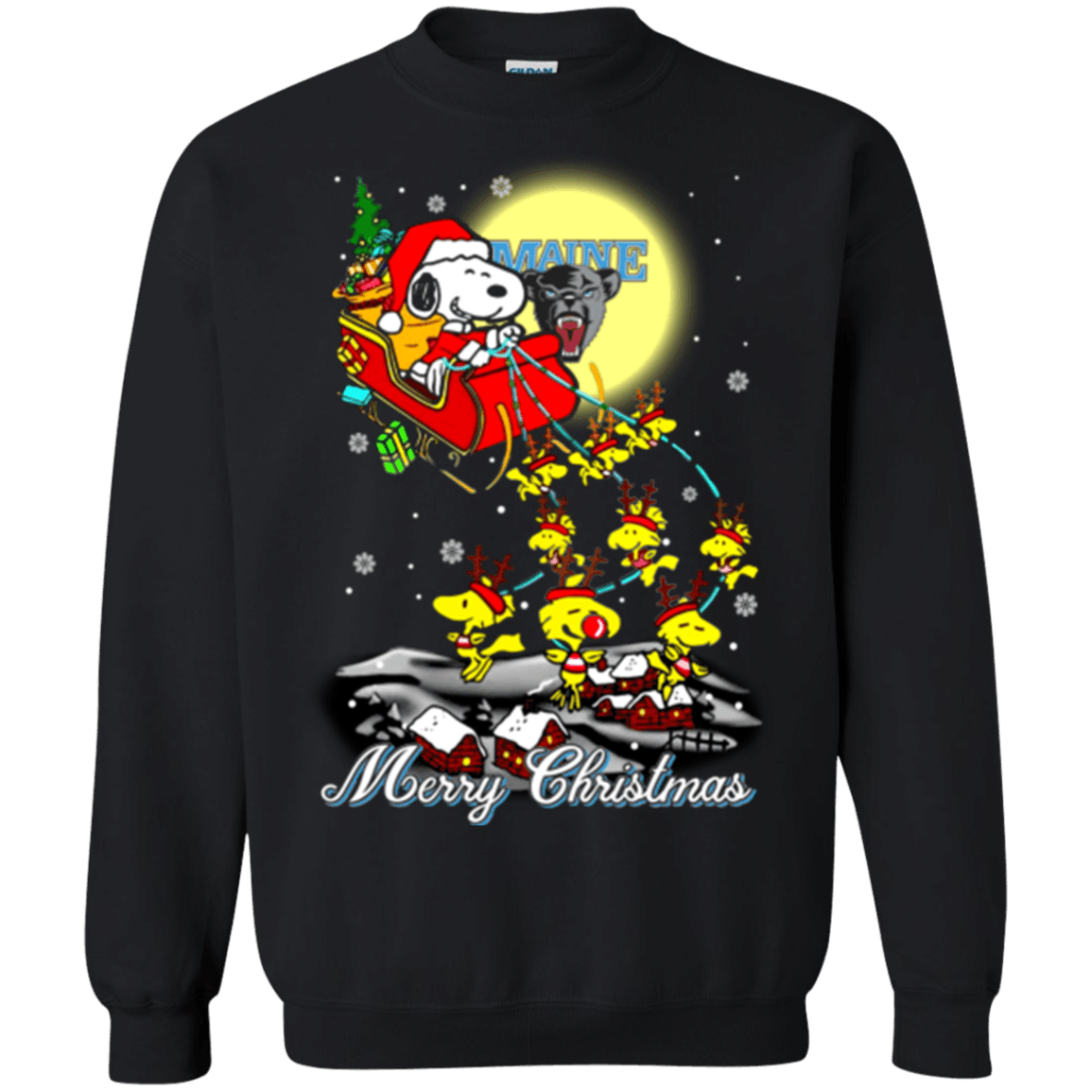 Amazing Maine Black Bears Snoopy Ugly Christmas Sweaters Santa Claus With Sleigh Sweatshirts