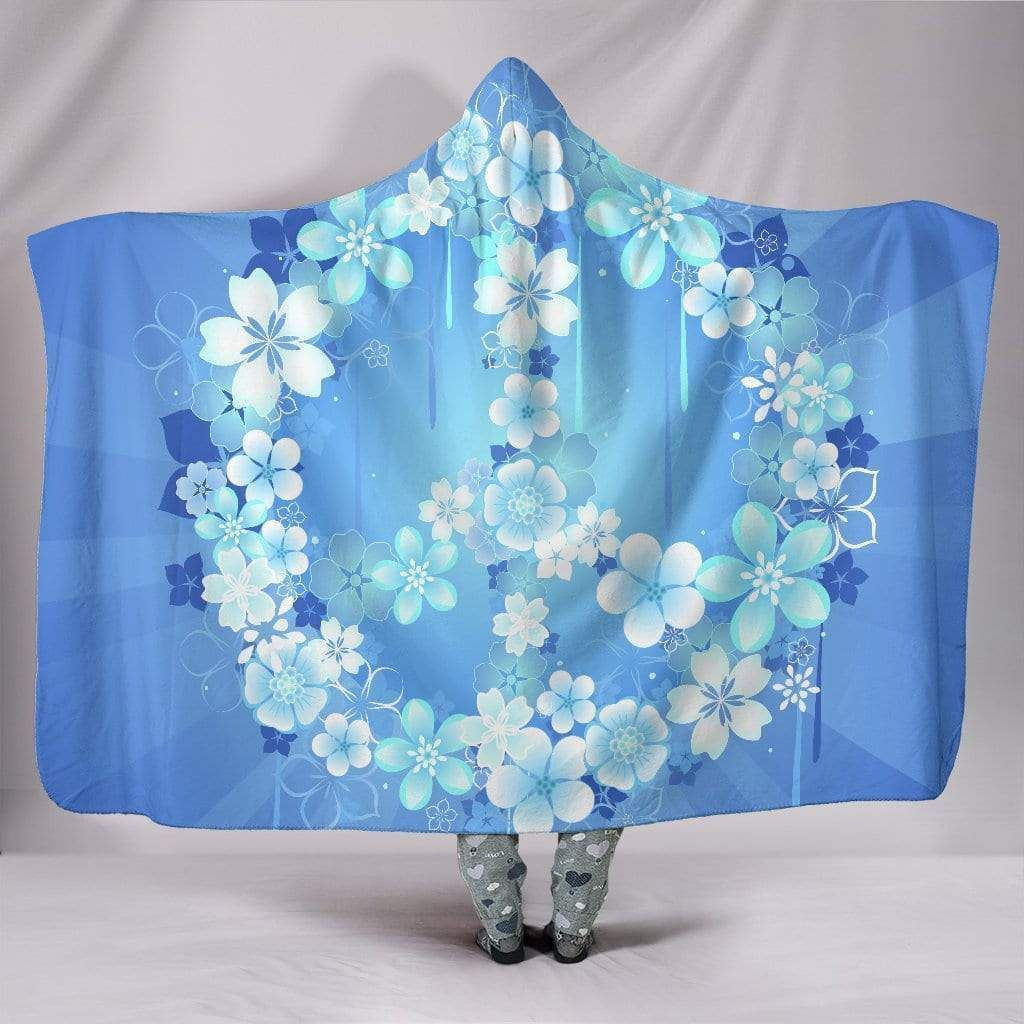 Blue Floral Peace Sign Hippie Hooded Blanket