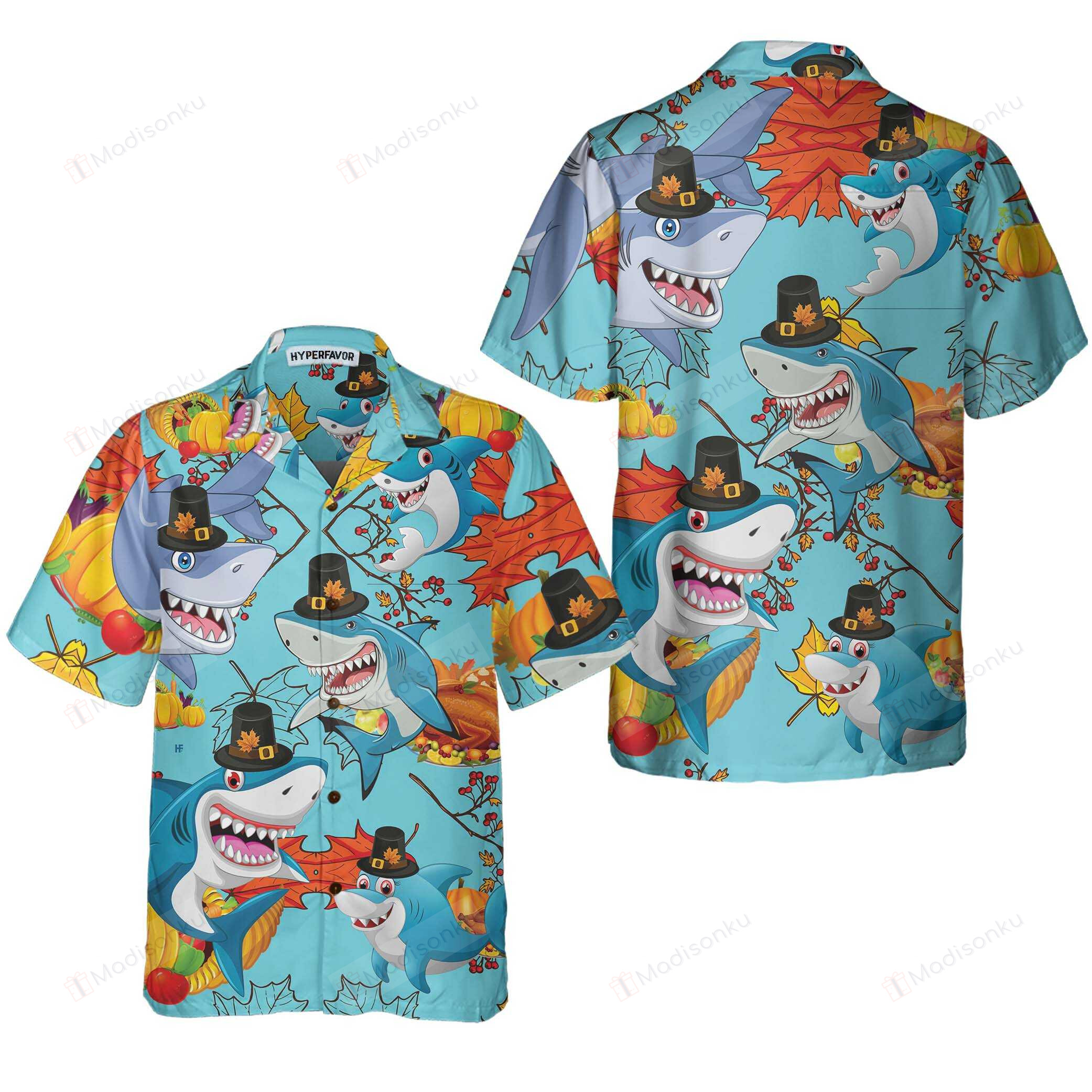 Thanksgiving Sharks Wearing Pilgrim Hat Hawaiian Shirt