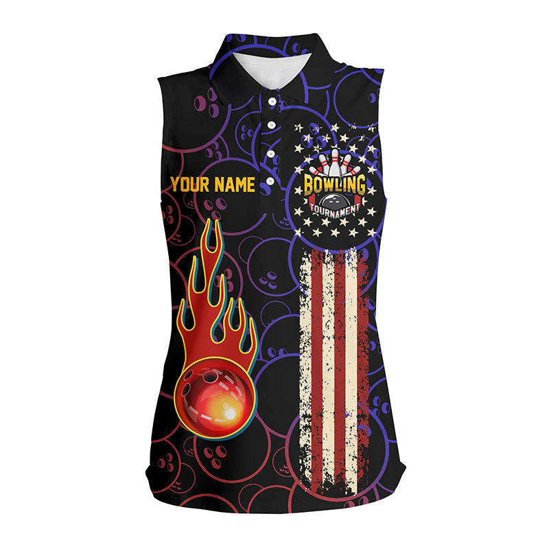 Custom American Flag Black Sleeveless Polo Shirts For Women, Patriotic Bowling Tournament Jerseys