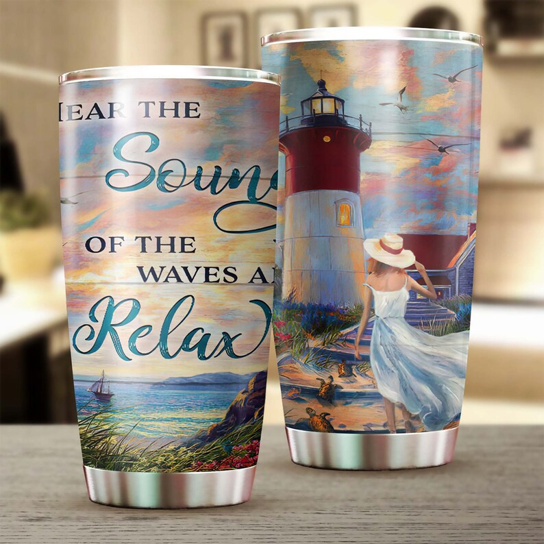 Beach Turtle Lighthouse Hear The Sound Of The Waves And Relax Personalized Tumbler-Unique Tumbler-Birthday Christmas Gift For Turtle Lover