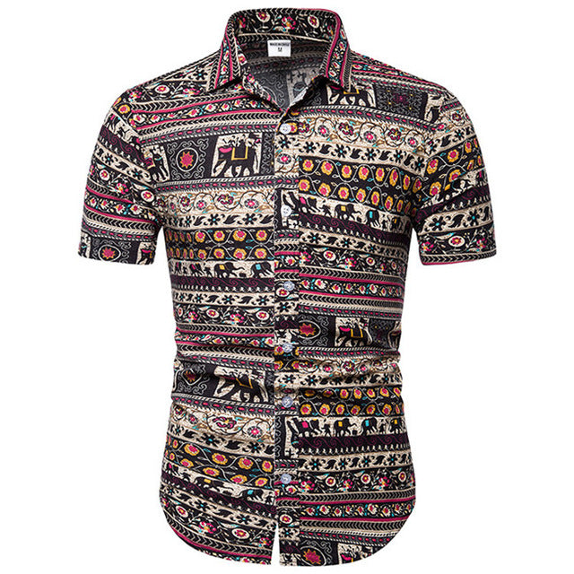 Vintage African Ethnic Print Shirt  Summer New Short Sleeve Mens Dress Shirts