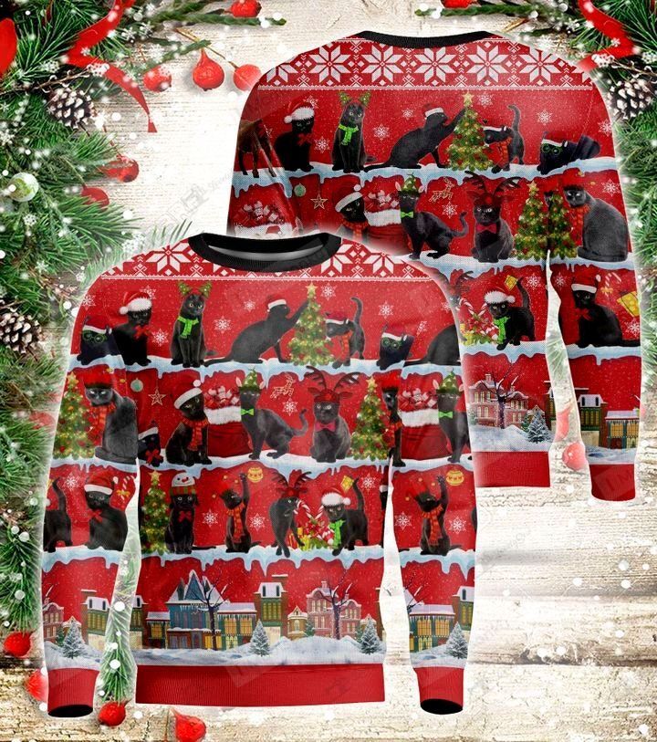 Black Cat-Merry Christmas Ugly Christmas Sweater, All Over Print Sweatshirt