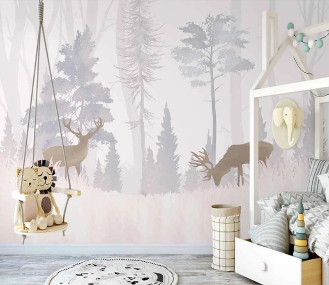 3D Hand Drawn Buck Animal Tree Plant Wall Mural Wallpaper Lxl