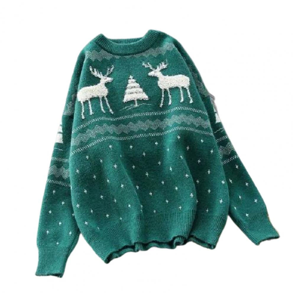 Useful Xmas Sweater Crew Neck Long Sleeve Elk Print Elk Print Festive Christmas Sweater Top alx