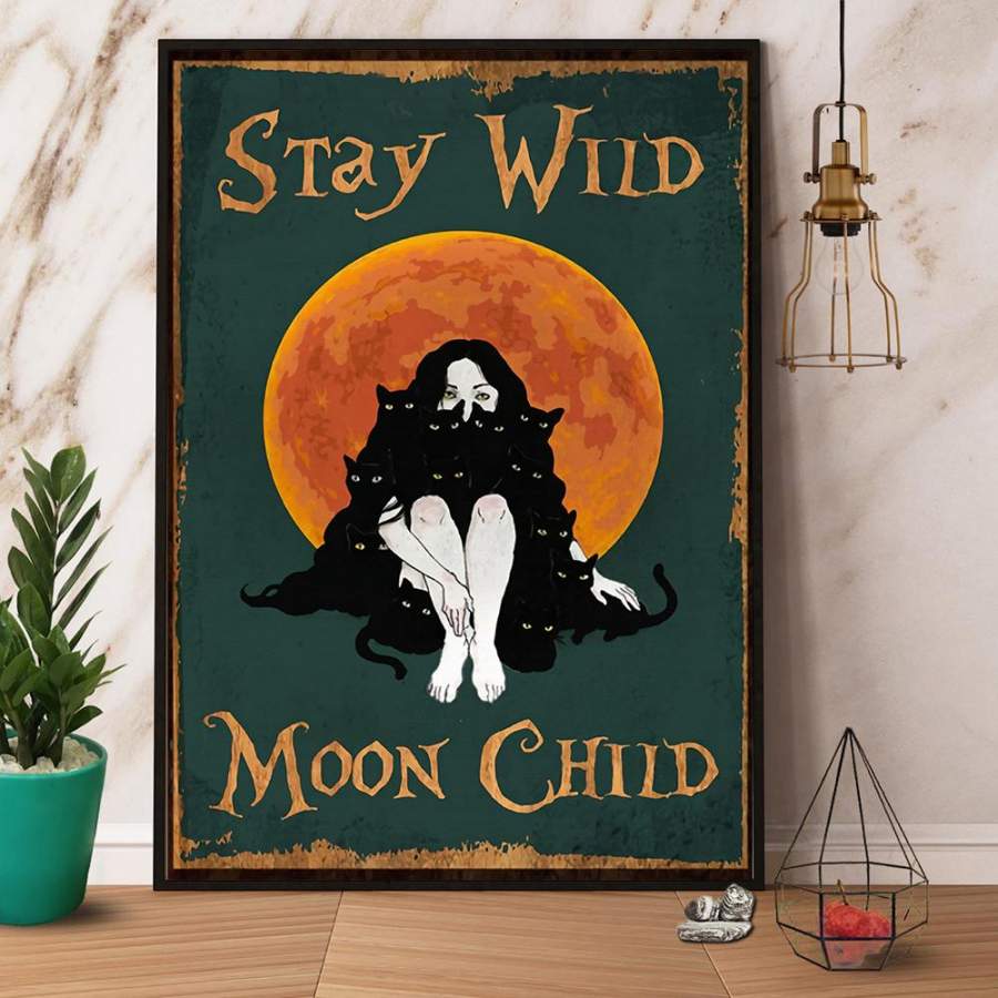 Black cat stay wild moon child Halloween paper poster no frame/ wrapped canvas wall decor full size