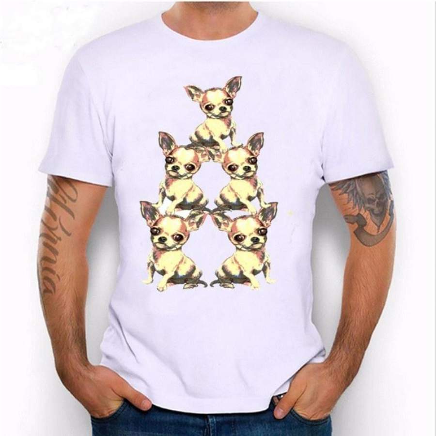 Novelty Summer Chihuahua Cheer pyramid design T-Shirt men’s cute dog print short sleeve High Quality Tops male cool hipster tee