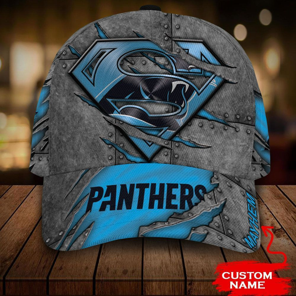 Personalized Carolina Panthers Superman Logo All Over Print 3D Baseball Cap – Blue