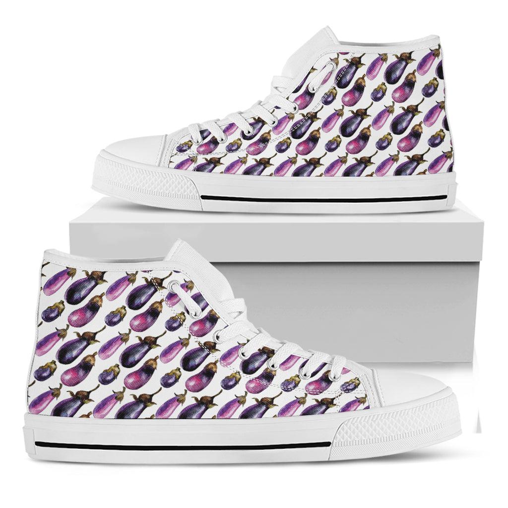 Watercolor Eggplant Pattern Print White High Top Shoes