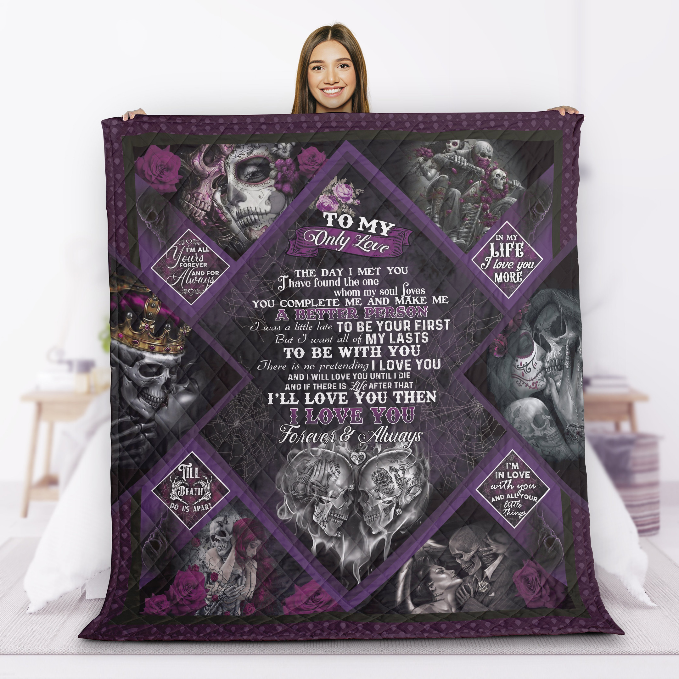 Mr And Mrs Retro Skull Tattoo Blanket Gift For Women Girl – In My Life I Love You More Quilting Presents For Birthday Halloween