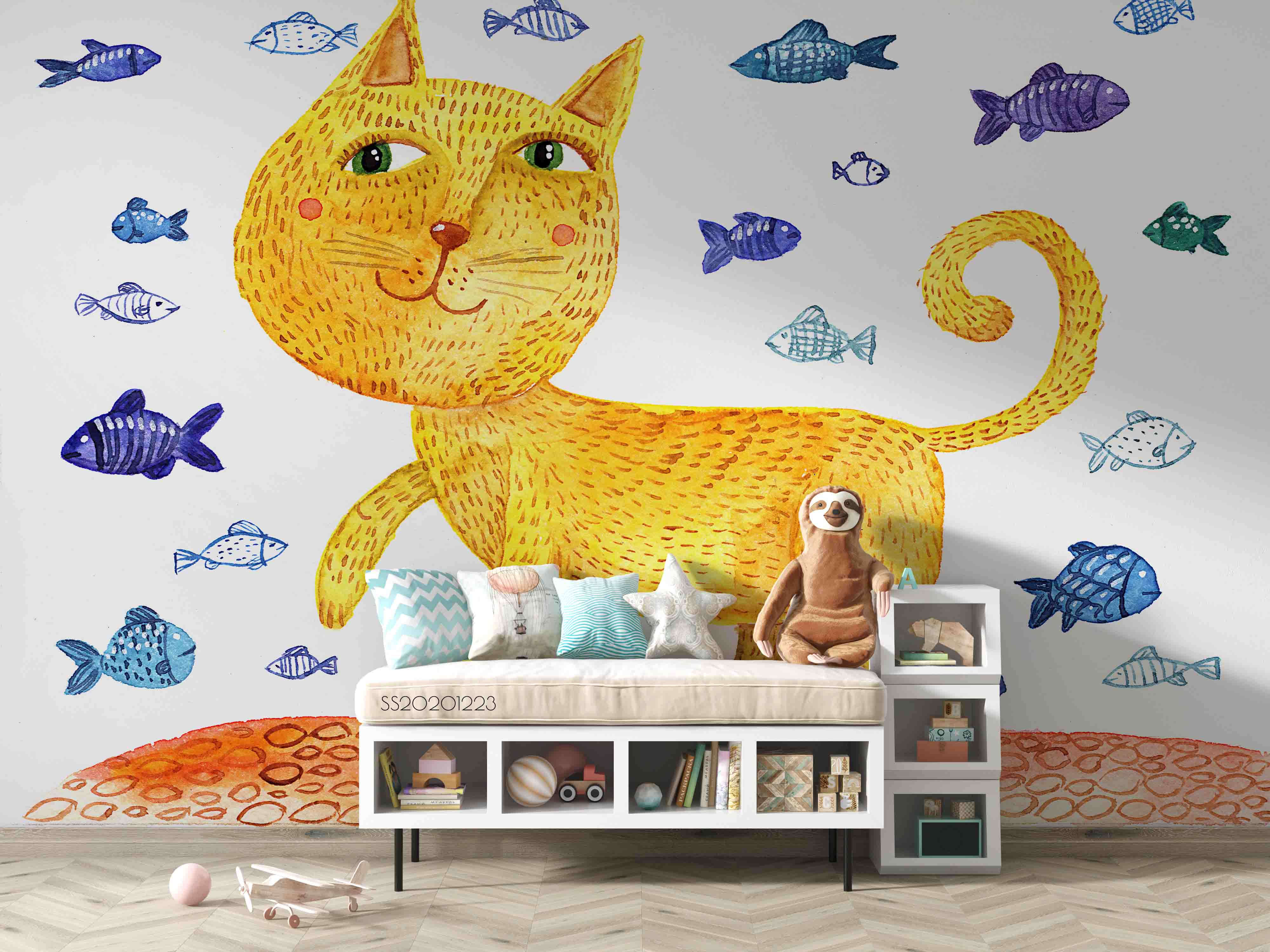 3D Hand Drawn Animal Cat Fish Wall Mural Wallpaper Lqh 58