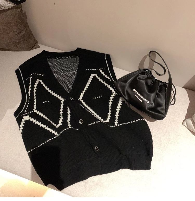 Sweater Vest Women V-Neck Geometric Single Breasted Feminino Clothing Knitted Loose Casual All-match Autumn Korean Version Chic alx