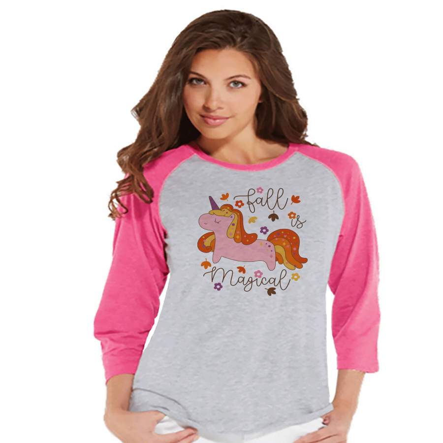 Women’s Unicorn Shirt – Fall is Magical – Autumn Unicorn T-shirt – Womens Pink Raglan Tee – Cute Fall Unicorn Shirt – Gift for Her