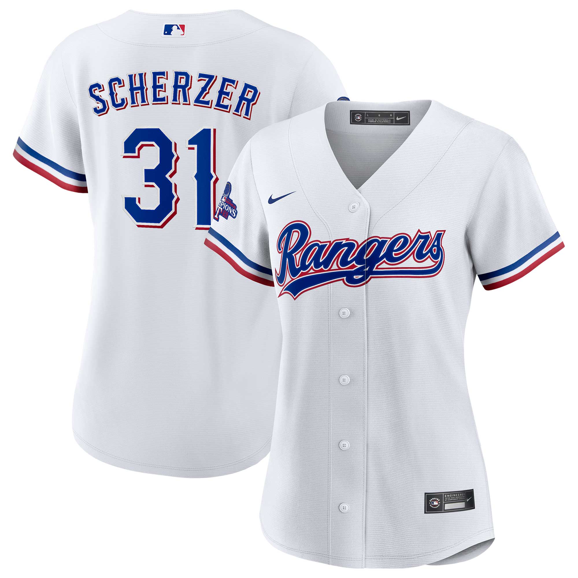 Women’s Texas Rangers Max Scherzer White Home 2023 World Series Champions Player Jersey