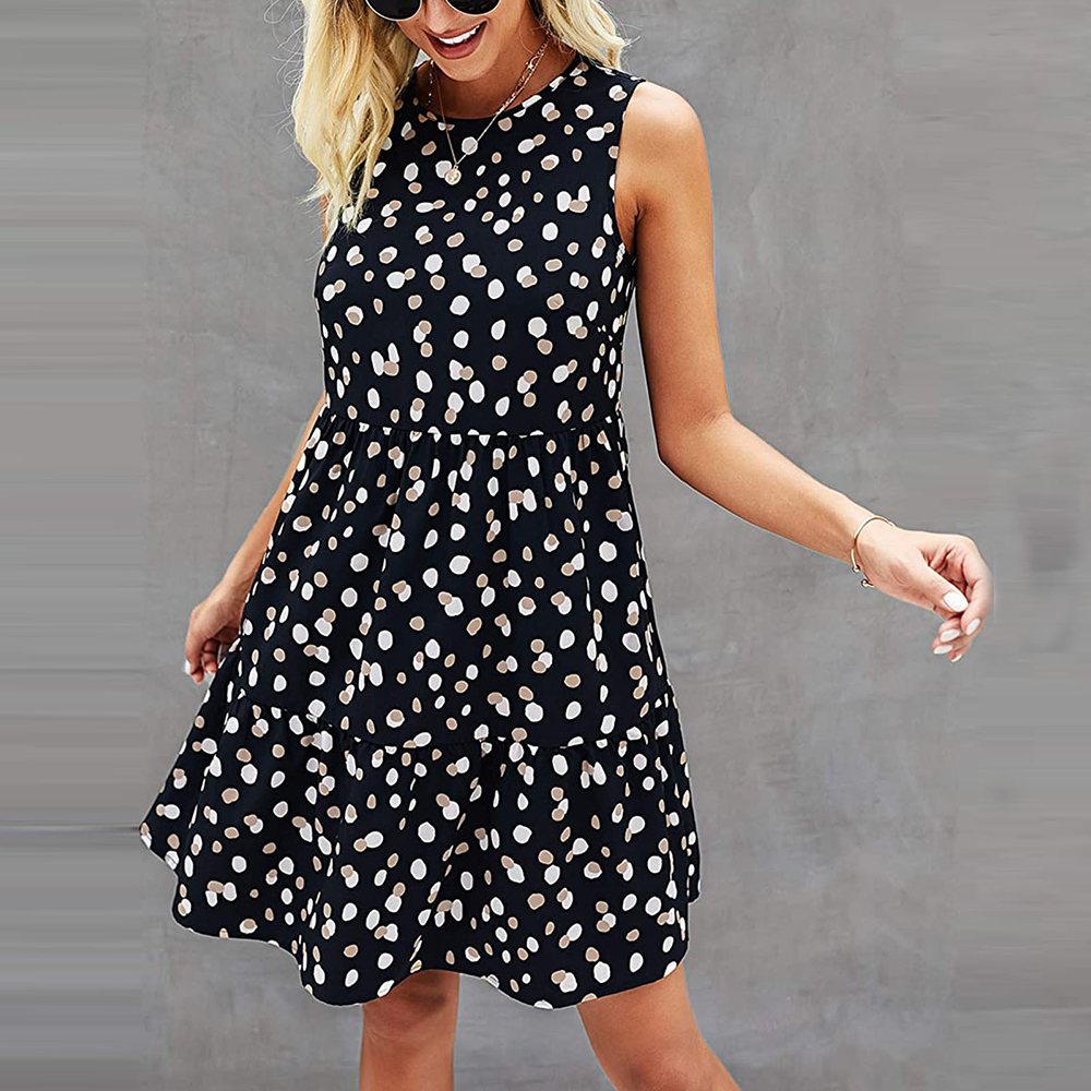 Summer Dot Print Sleeveless Mini Dress Casual Loose O-Neck A Line Dress 2021 Fashion Woman Beach Dresses Green Sundress Vestidos alx