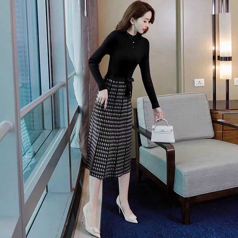 Autumn Winter Vintage Print Knitted Sweater Pleated Dress Women Elegant Belted Plaid A-Line Dresses Casual Midi Vestidos Mujer alx