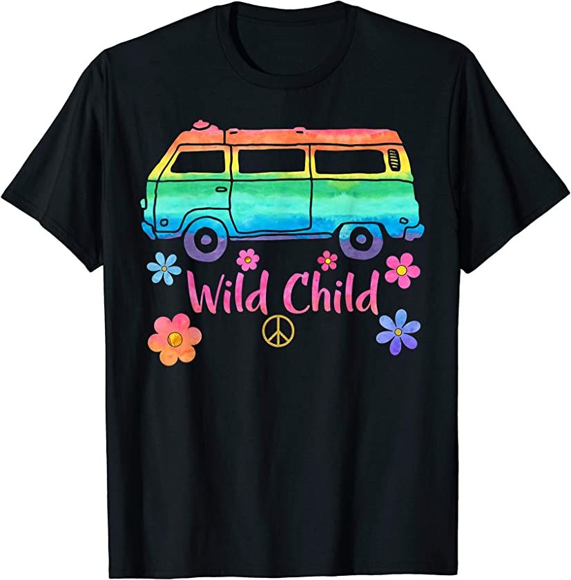 Vintage Hippie Bus Rainbow Van Squad Car Wild Child T Shirt