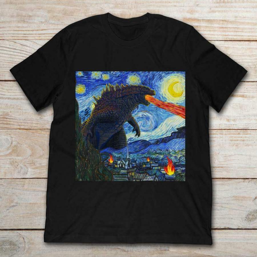 Starry Night Godzilla King Of the Monsters Vincent Van Gogh Black T-Shirt S-3XL