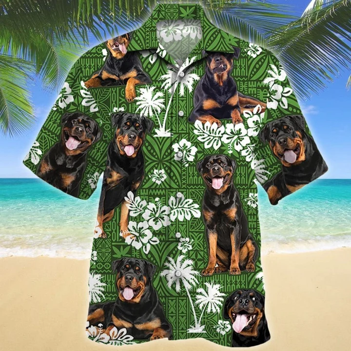 Rottweiler Dog Tongue Out On Green Tribal Pattern Hawaii Shirt Ha7353