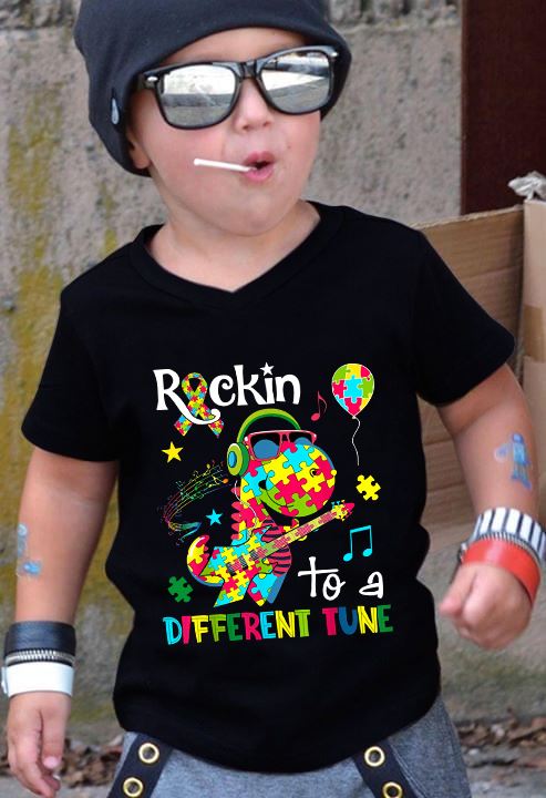 Rockin To A Different Tune T-Shirt Kid For Boy Girl Autism Awareness Shirts Gifts For Son Daughter Ht