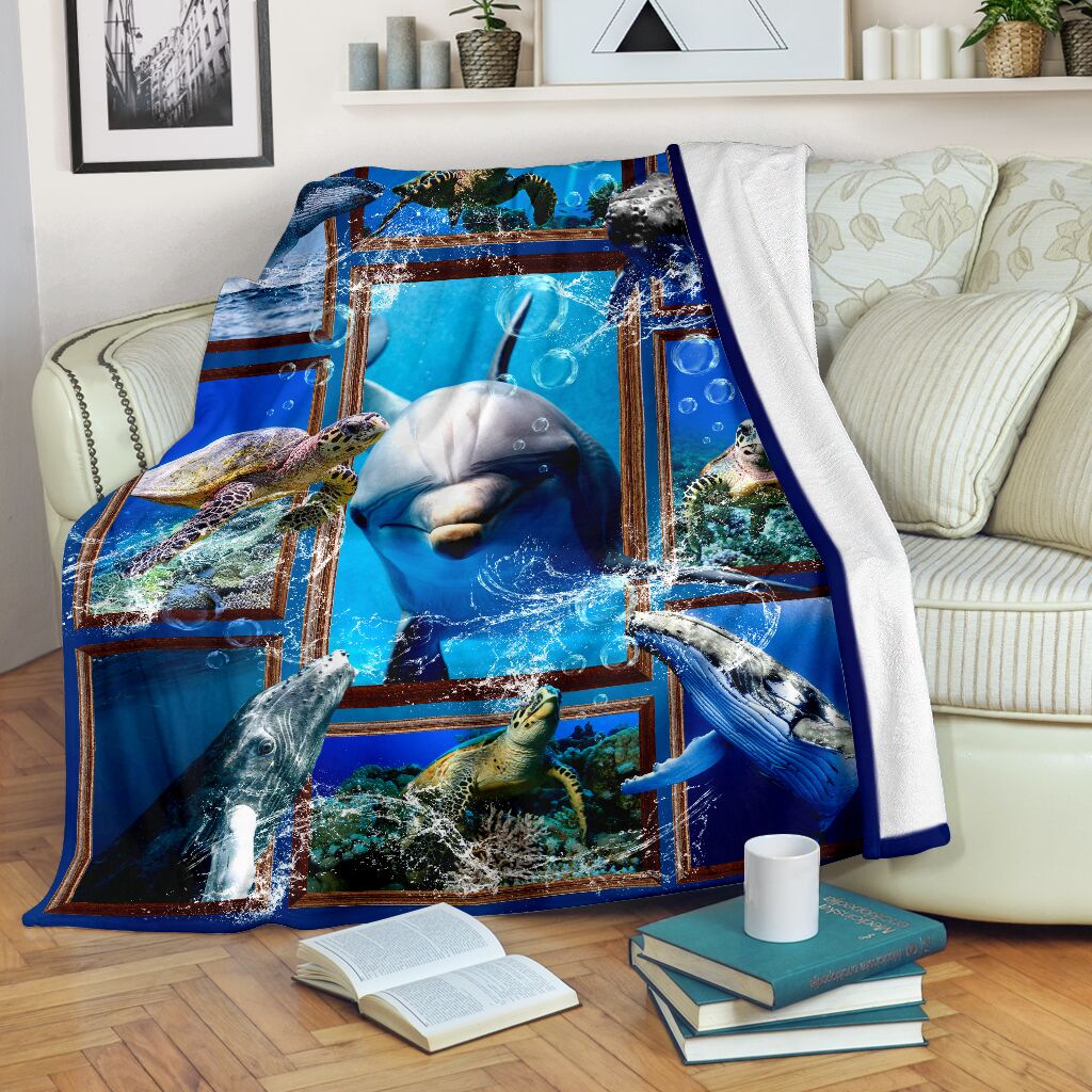 THE OCEAN TURTLE WHALE DOLPHIN Fleece Blanket – Quilt Blanket