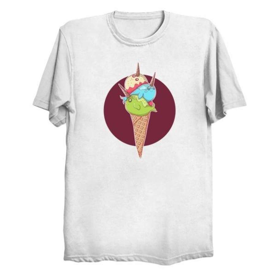 Summer Narwhal Icecream Creative Printing T-Shirt Casual New Interesting Printing Short-Sleeved Cotton Shirt