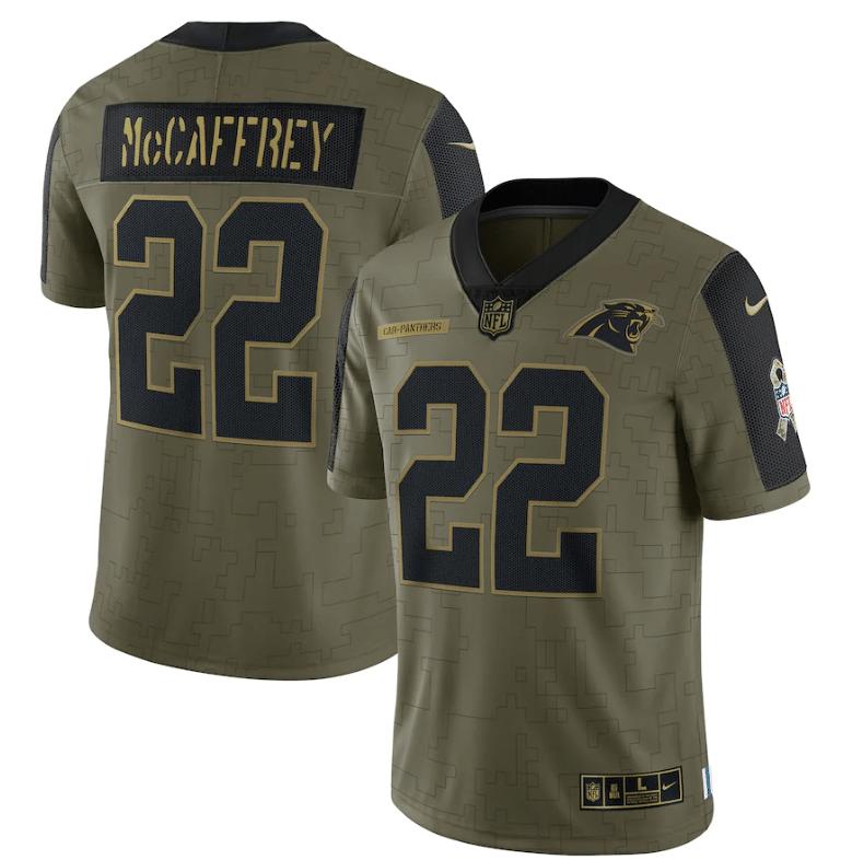 Carolina Panthers Christian Mccaffrey 22 NFL Olive 2021 Salute To Service Player Men Jersey For Panthers Fans