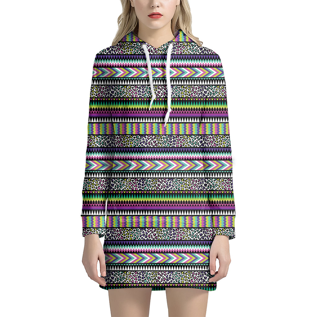 Colorful Leopard Navajo Tribal Print Women’S Pullover Hoodie Dress